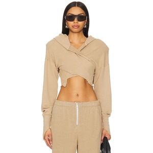 New SAMI MIRO VINTAGE Open Seam Wrap Hoodie in Taupe crop top long sleeve